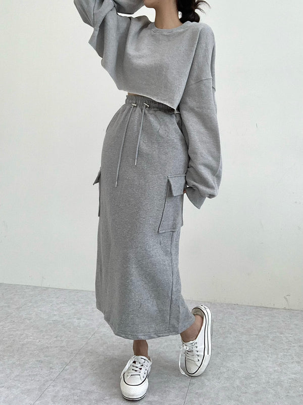 Cotton Crop Sweatshirt & Pocket Long Length Skirt Set-Up